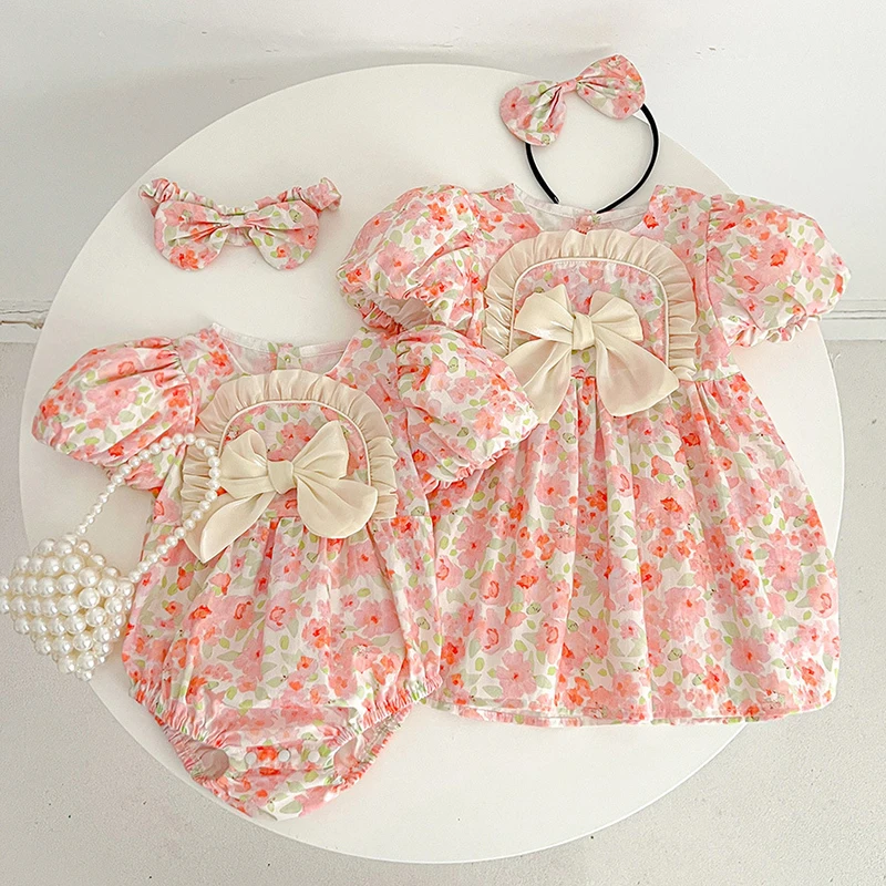 Summer Kids Baby Girls Short Sleeve Sisters Printing Dress Infant Rompers Baby Girls Sweet Princess Children Clothes Dress