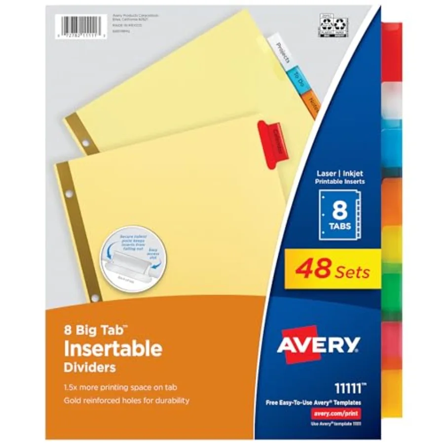 

Вставные разделители для 3-кольцевых папок, 8 вкладок в наборе, разноцветные, большие вкладки из бумаги буфф с усиленными золотыми отверстиями, отлично подходят для организации.