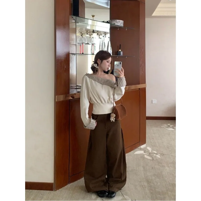 التباين شريط خياطة المنحدرة الكتف مزاجه بأكمام طويلة البلوز المرأة الخريف سليم صالح تنوعا