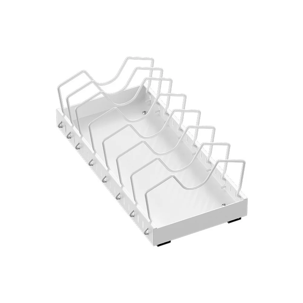Adjustable Pull Out Pot Pan Organizer Rack for Kitchen Cabinet Storage with Flexible Dividers and Steel Material