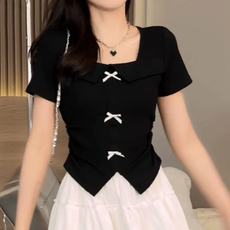 Square Collar Collarbone Shoulder Short-sleeved T-shirt For Women In Summer New Three-dimensional Bow Slim Top