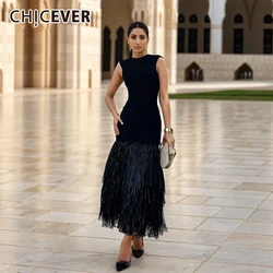 CHICEVER Dzianinowe sukienki bez pleców dla kobiet O Neck Bez rękawów Off Shoulder Wysoka talia Spliced Tassel Solid Bodycon Maxi Dress Kobieta