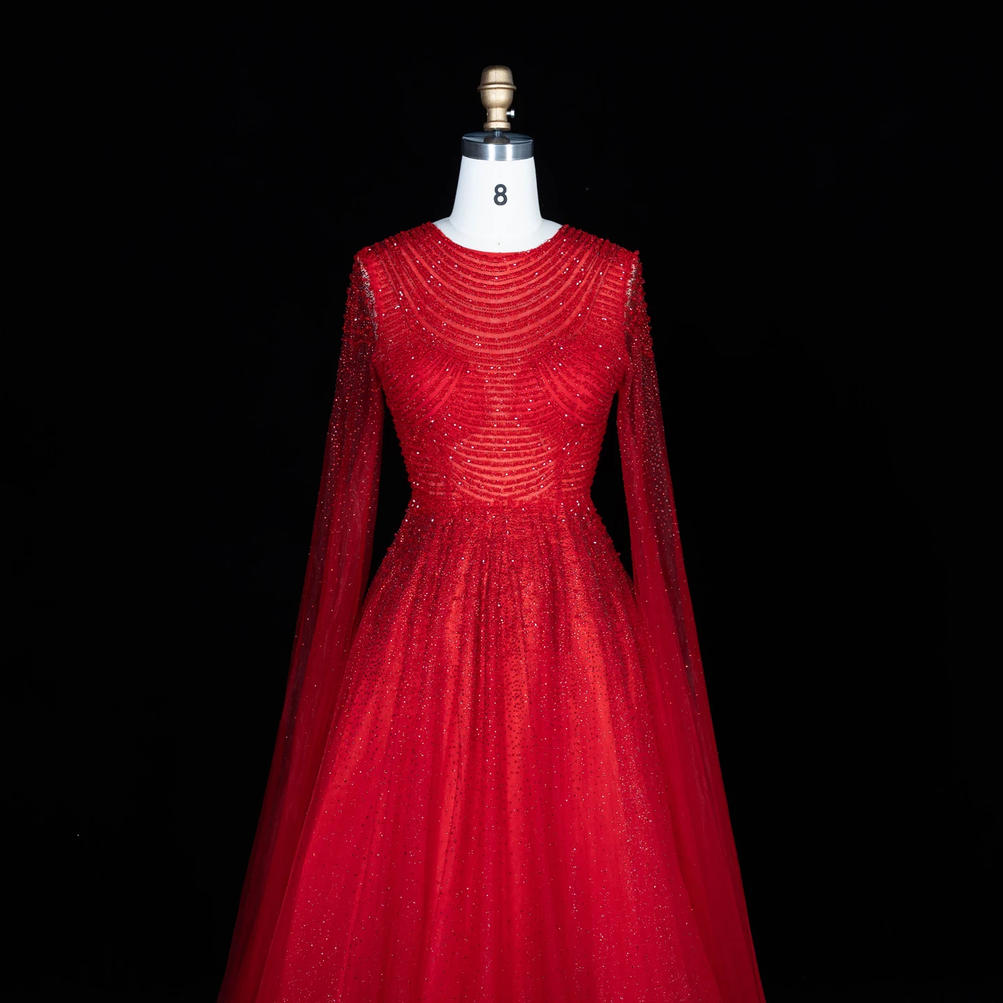 Sharon Said Luxuriöses Braunes Abendkleid mit Rundhalsausschnitt, Langen Transparenten Cape-Ärmeln und Schwer Perlenbesetztem Dubai-Formal-Partykleid SS059 Maßanfertigung – Detail 5