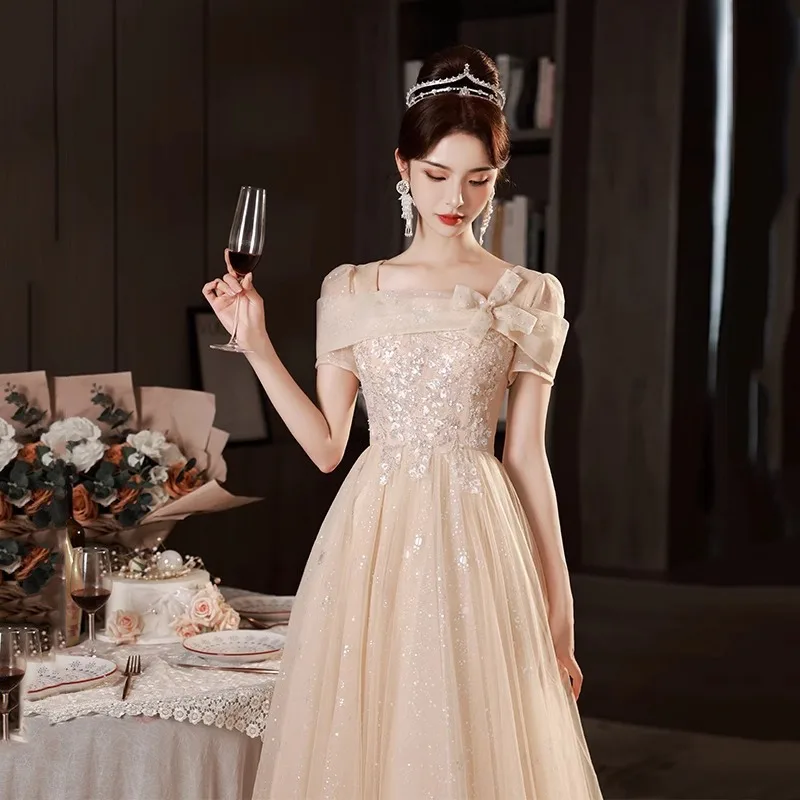 

Party Dress Niche Skirt Female Banquet Dignified and Elegant Host Silver Sequined Square Collar Bow Fluffy Sexy Evening Dresses