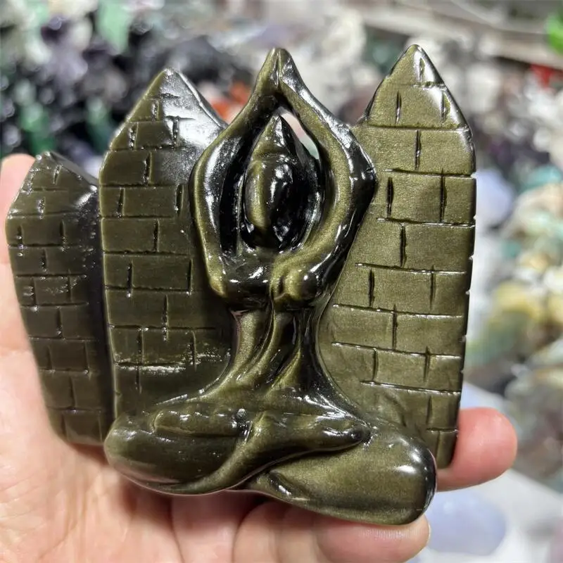 

Натуральный золотой обсидиан, медитативная йога, леди, резьба, украшения для колдовства, аксессуары для украшения дома, декор комнаты, подарок, 1 шт.