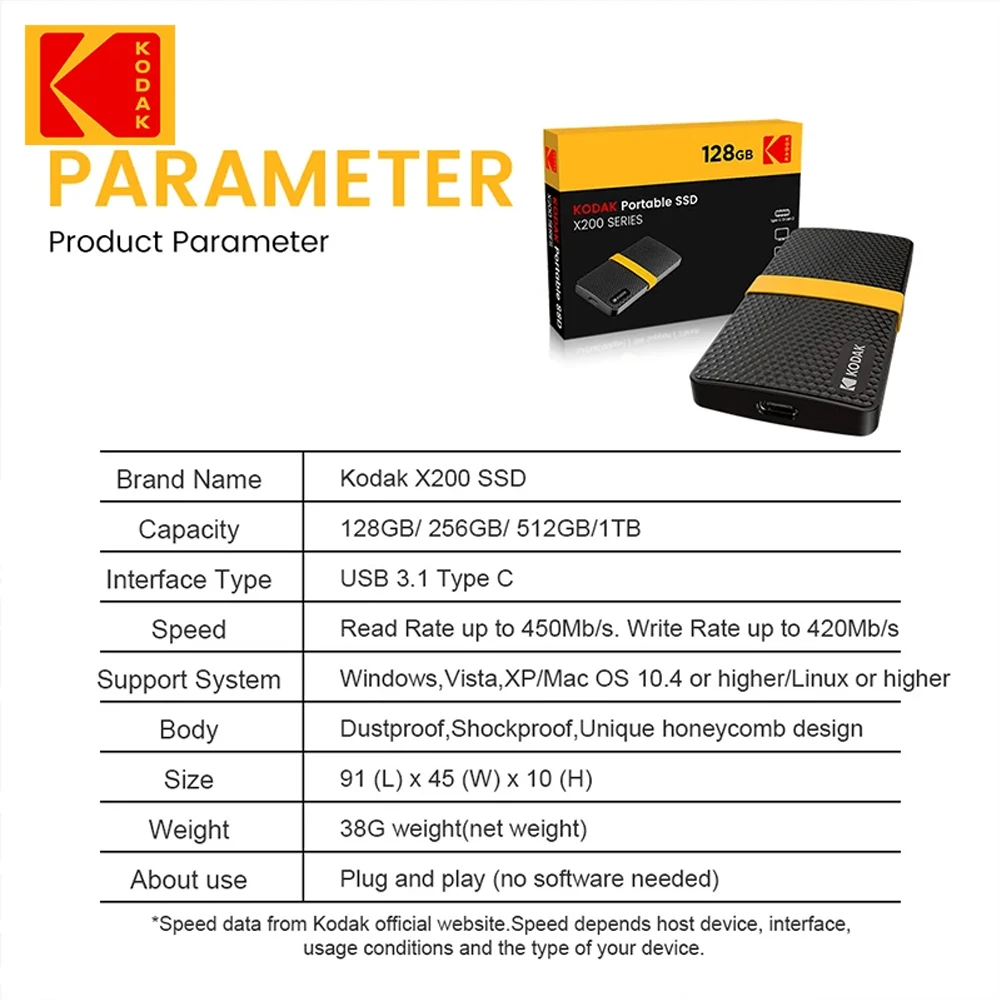 KODAK X200 휴대용 SSD 외장 드라이브 하드 디스크, 노트북 스마트폰 PC용, 1TB, C타입, USB3.1, 512GB, 256GB