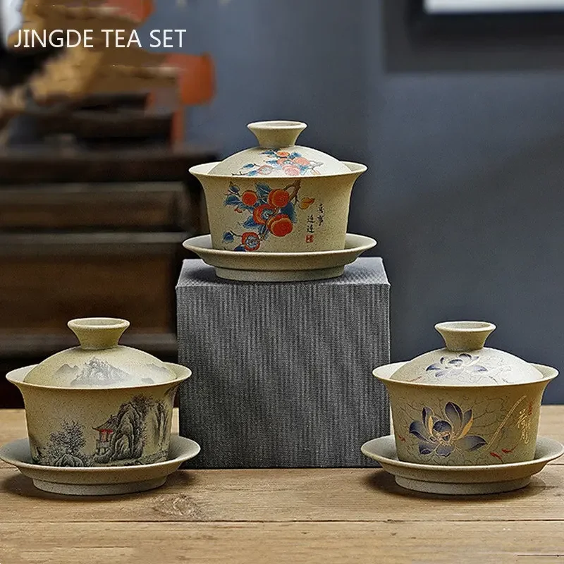 130ml Customized Coarse Pottery Gaiwan Antique Ceramic Tea Infuser Portable Beauty Tea Set Chinese with Lid Teacup Tea Bowl