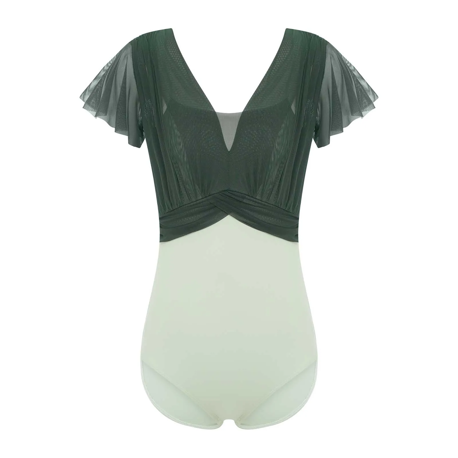 

Girls Lyrical Yoga Leotard Ruffled Sleeves Ruched Sheer Mesh Overlay Bodice Ballet Dance Leotard for Figure Skating Performance