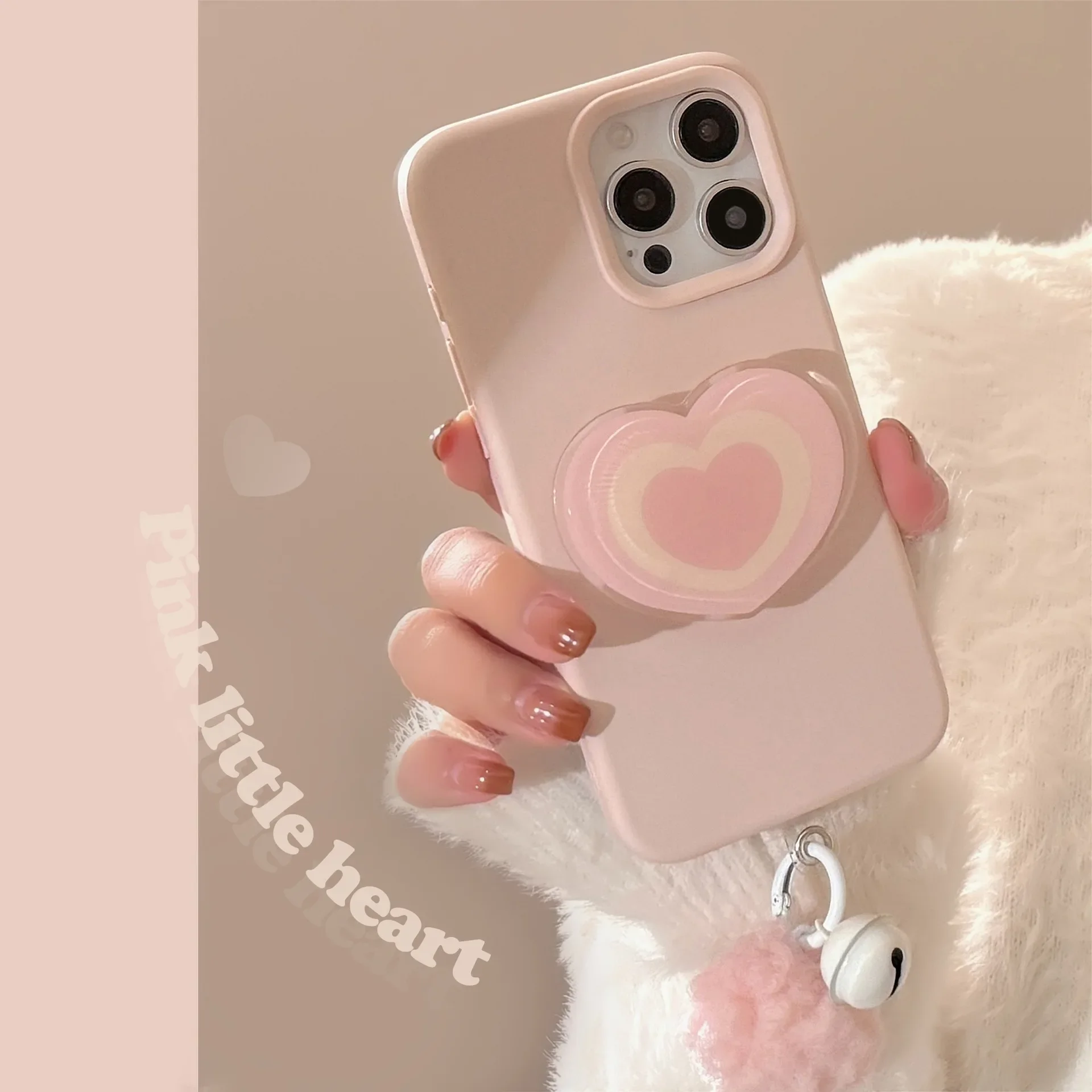 Korean Style Pink Heart-shaped Holder Ball Pendant Phone Case for IPhone16 15 14 12 13 11 Pro ProMax Plus Shockproof Phone Cover