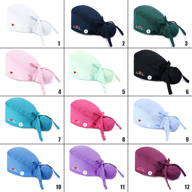 Algodão unissex esfrega chapéus com botão chapéus de trabalho ajustável pet shop poeira boné sanitário salão de beleza enfermagem trabalho esfrega bonés