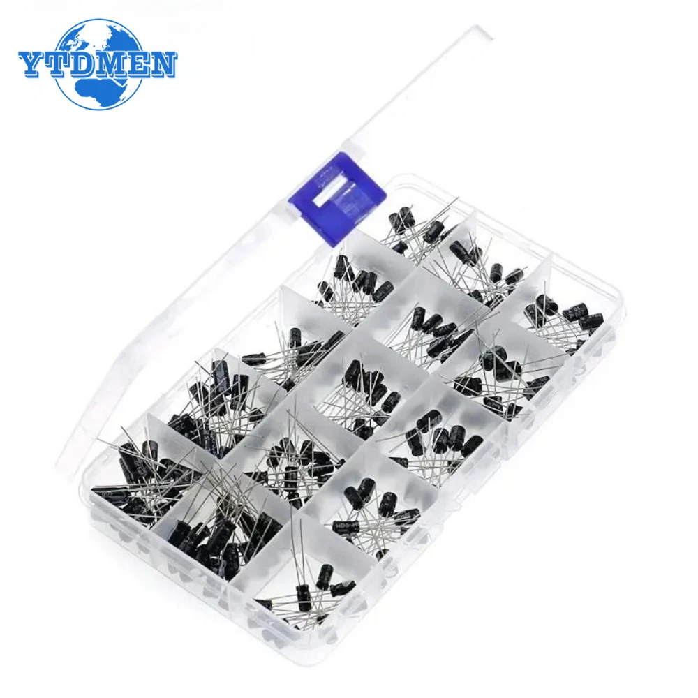 200PCS 10V 16V 25V 50V Aluminum Electrolytic Capacitor Assorted Kit 15Values 0.1uF-220uF DIP Electrolyte Capacitors Set with Box
