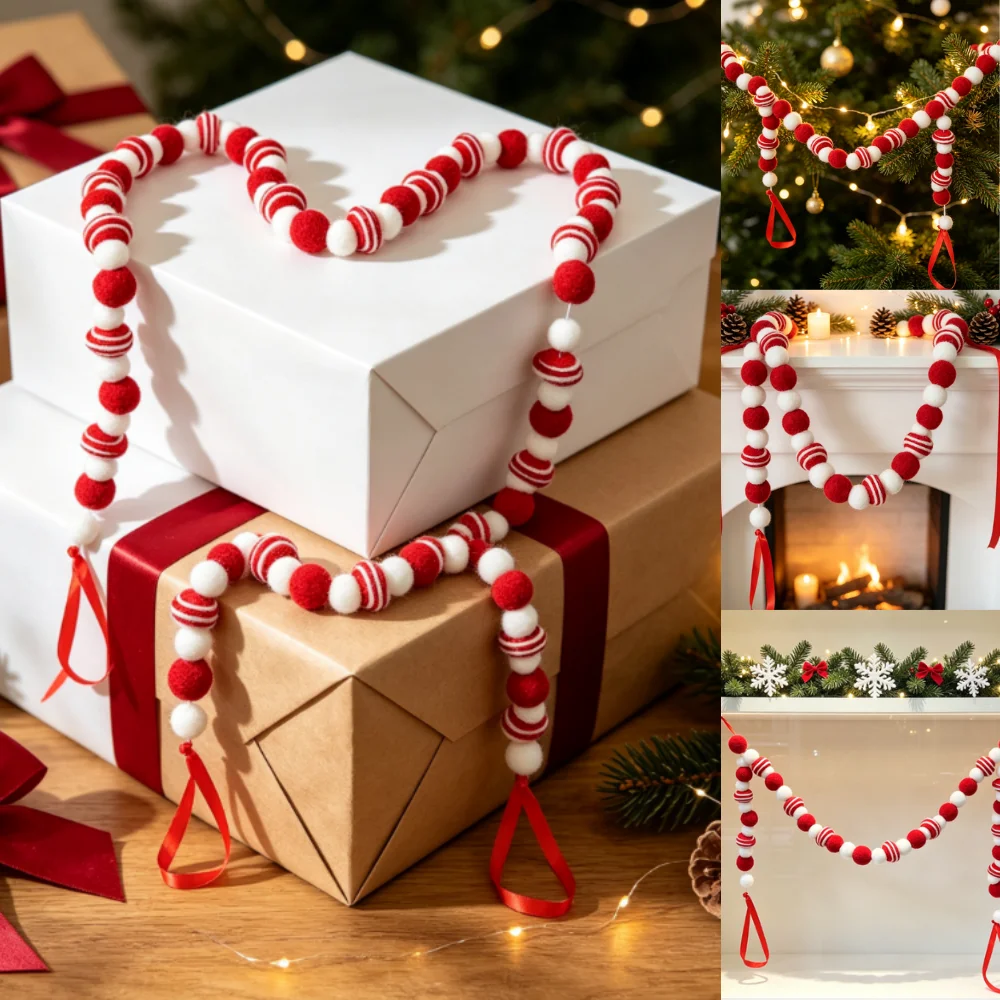 180cm Christmas Felt Ball Garland Red White Pom String Wool Felt Ball Banner Xmas Tree Fireplace Mantel DIY Home Decor Ornament