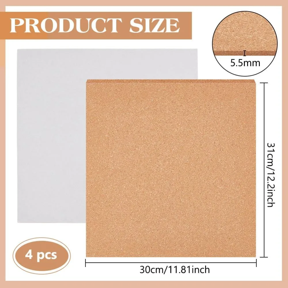 4pcs Rectangles Self-Adhesive Cork Sheets 11.8 x 12.2 Inch Cork Backing Sheets for Wall Decoration Party and DIY Crafts