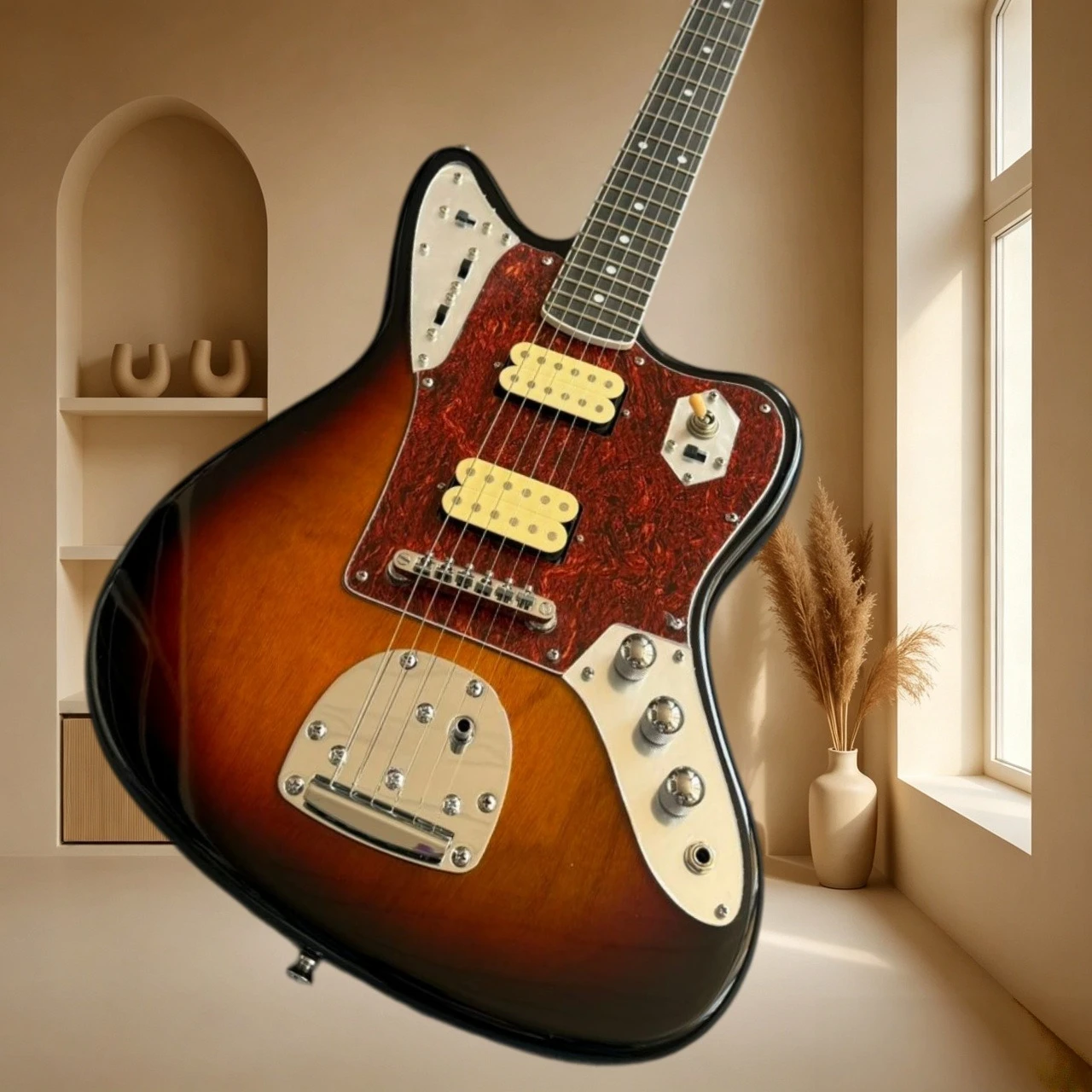 Sunburst Electric Guitar Dual Vintage Humbuckers Floating Tremolo Surf Rock Indie Rock Stage Tortoise Red Pickguard Dot Inlay