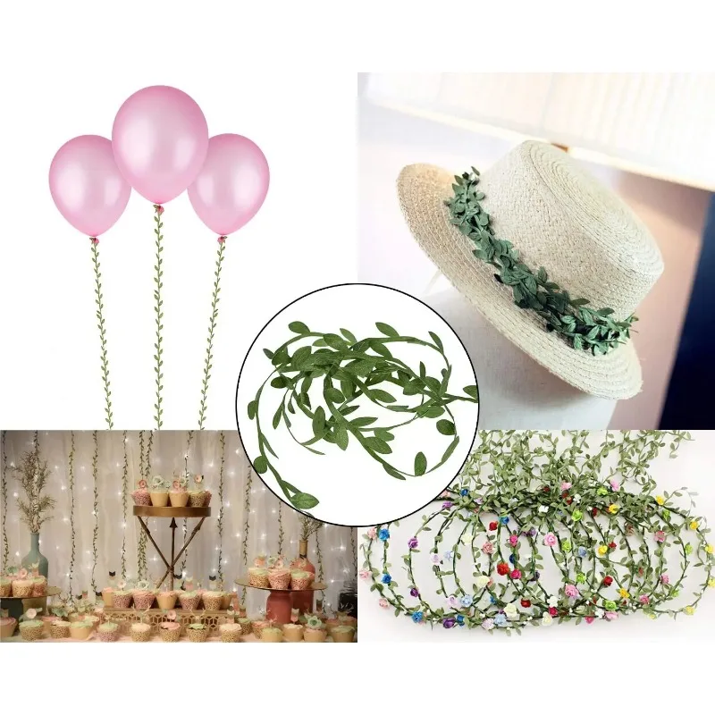 Folhas verdes artificiais para DIY Craft, Handmake Leaf Trim Ribbon, Wedding Party, Acessórios para decoração, 10m por rolo