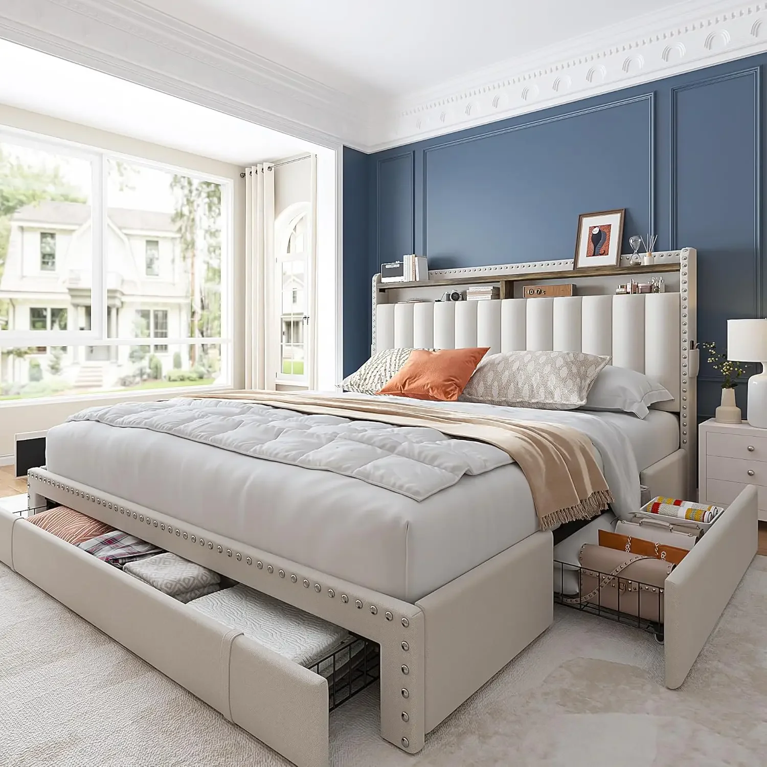 Nordic Bed Frame with 3 Drawers,Upholstered Queen Size with Storage Headboard and 2-Tier Shelves,1100LBS for Strong Sup