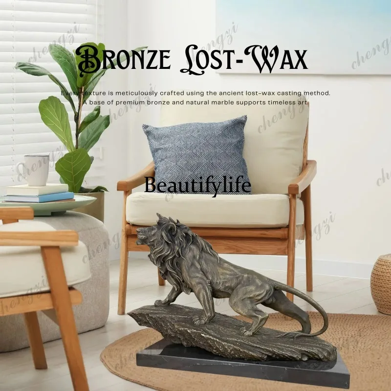 A74 55cm Statue On Marble Base Bronze Lion Sculpture Handmade Walking Lion Wildlife Animal Statues Home Garden Decor
