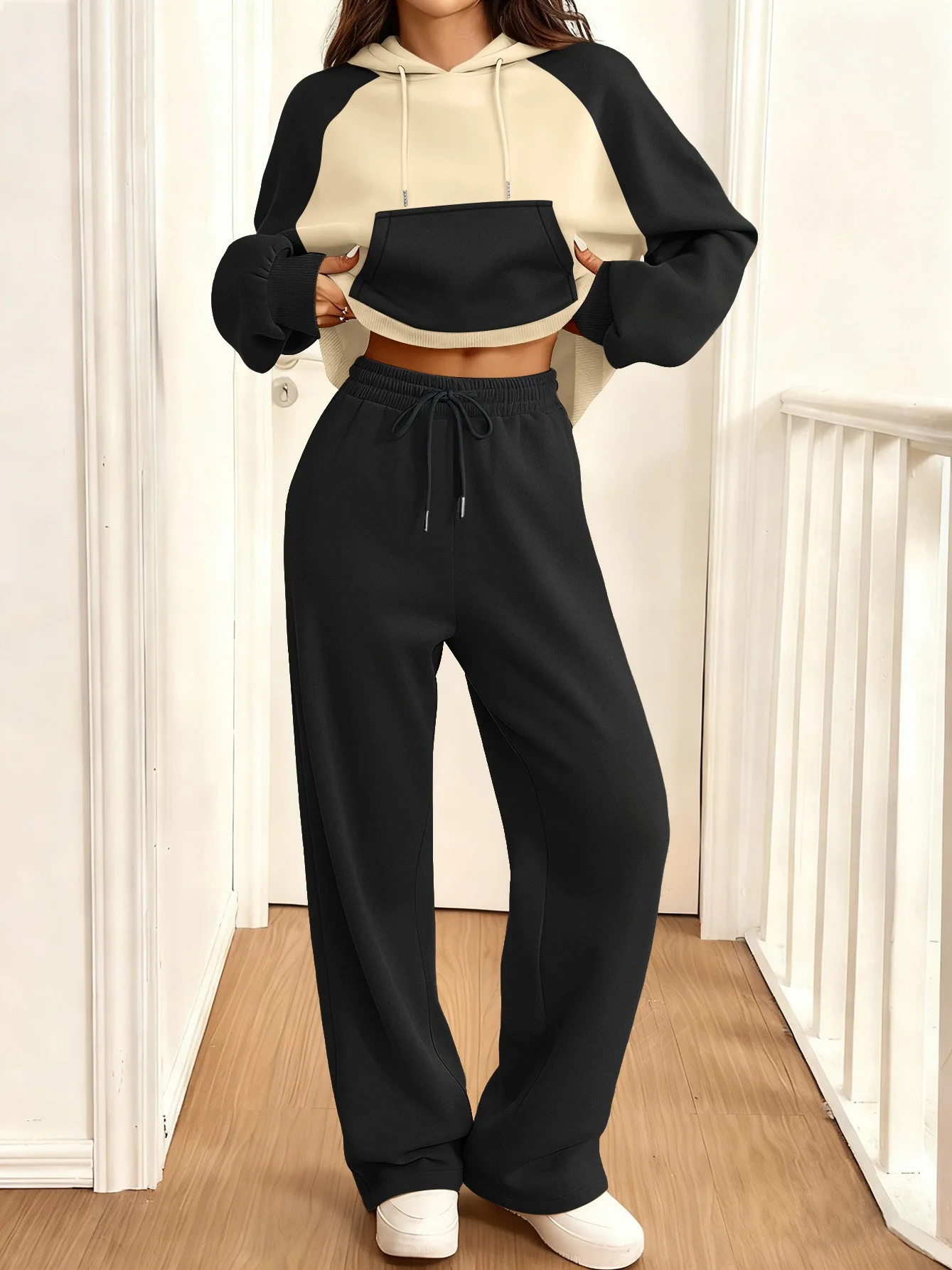 Dames sportkleding set herfstmode warm sweatshirt met capuchon tweedelige set losse kleur geblokkeerd casual sweatshirt met capuchon broek co