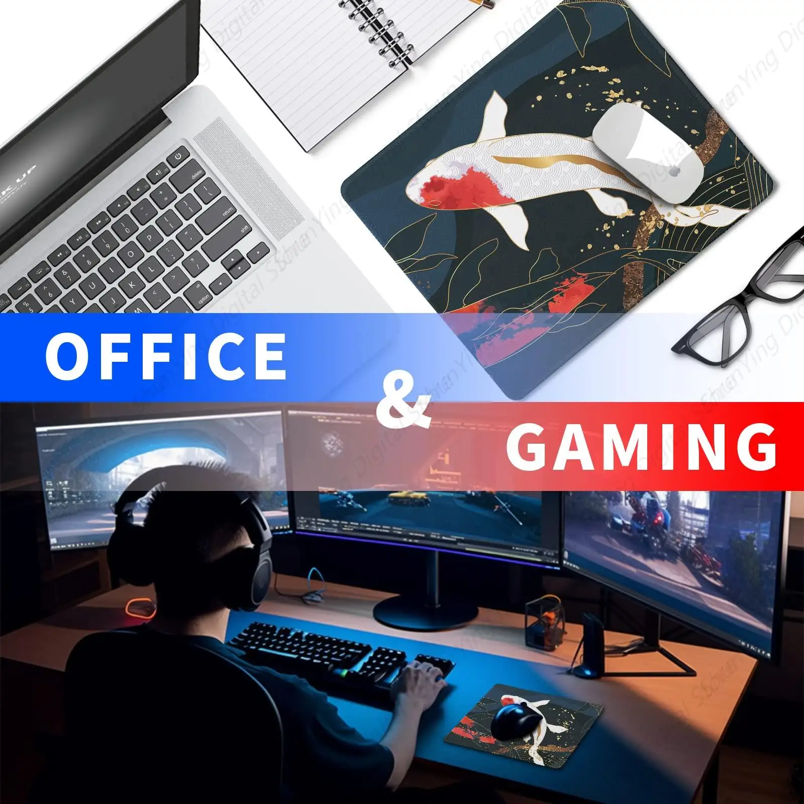 Koi Fish Printed Gaming Mouse Pad Non slip Rubber Base 8.6 X 7 Inch with Stitching Edge Laptop Mouse Pad Home Office