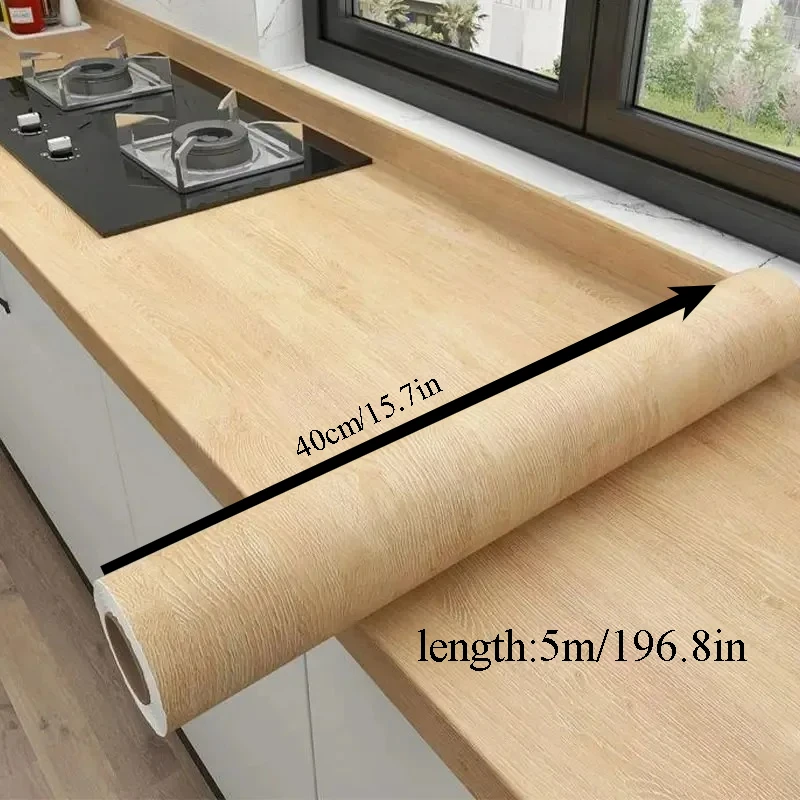 1pc 5m/196.8in Waterproof Wall Stickers Wood Grain Cabinets Adhesive Wall Wallpaper Desktop Renovation  Home Decoration
