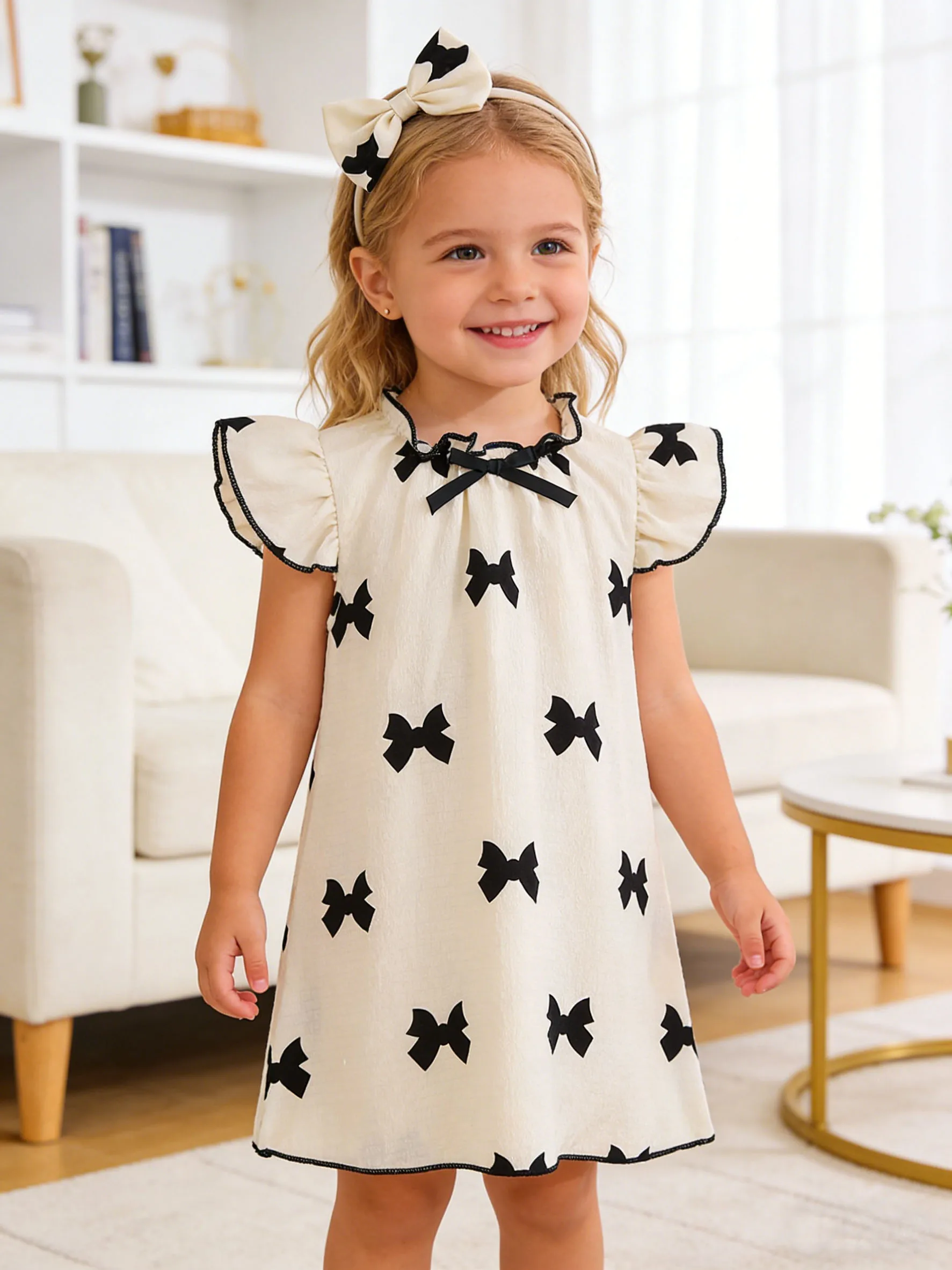 Summer fashion dress for baby girls, casual outdoor bow dressand headband for girls, suitable for daily, party, and home wear