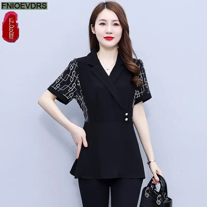 L-5XL 2023 Women Summer Short Sleeve Elegant Black Office Lady Work Button Shirt Casual Button Tunic Peplum Tops And Blouses