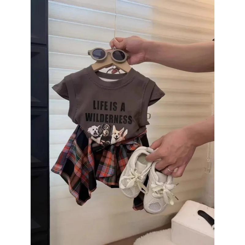 

2025Set for Girls Summer Children's Stylish Cartoon Print Short SleeveTPlaid Shirt and Irregular Skirt Pants Two-Piece Set