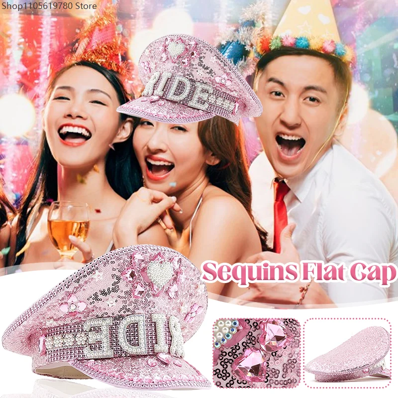 

Women Pink Bride Captain Hat Military Cap Fashion Sergeant Bridal Ha Festival Birthday Part Hat Luxury Rhinestone Captain Cap