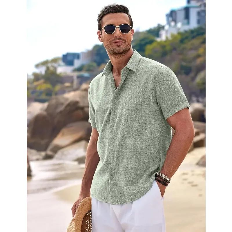Men's Fashion Casual Solid Color Shirt Pullover Button Linen Cotton Comfortable Daily Top Short Sleeve Shirt Beach Summer Shirt