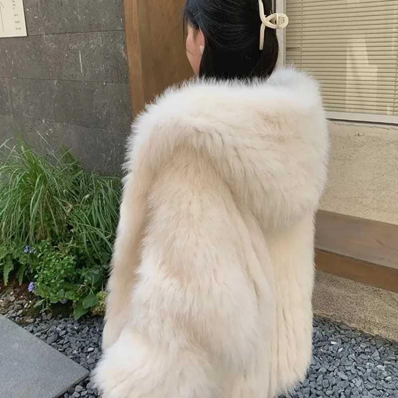 Luxury Fur Coat Women Mid-Length Hooded Autumn Winter Imitation Fox Fur Jackets Female Long Sleeve Elegant Ladies Clothes 2906