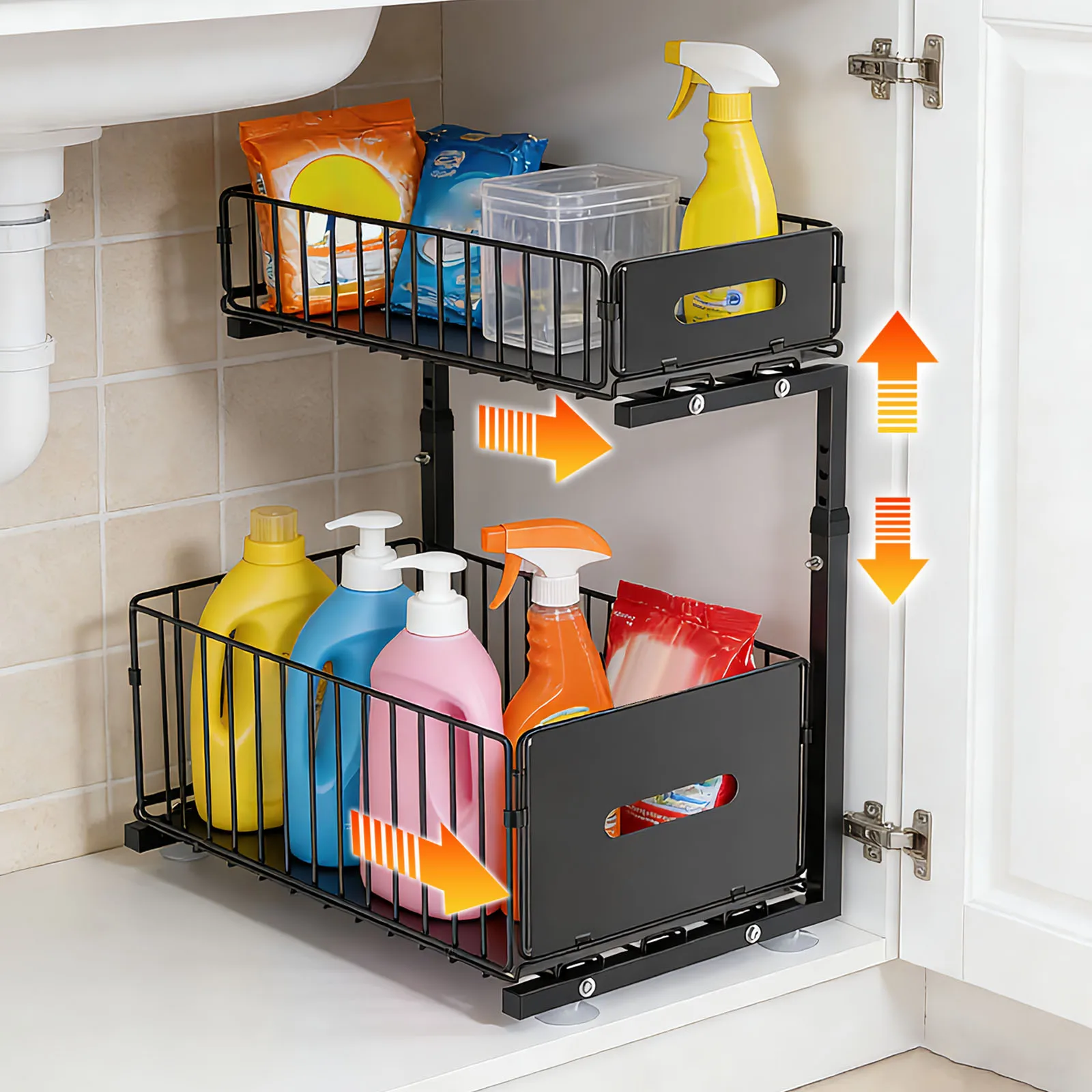 Organisateur de rangement sous évier à 2 niveaux coulissant, étagère de cuisine réglable, organisateur de placard extractible, support de rangement pour pots à épices