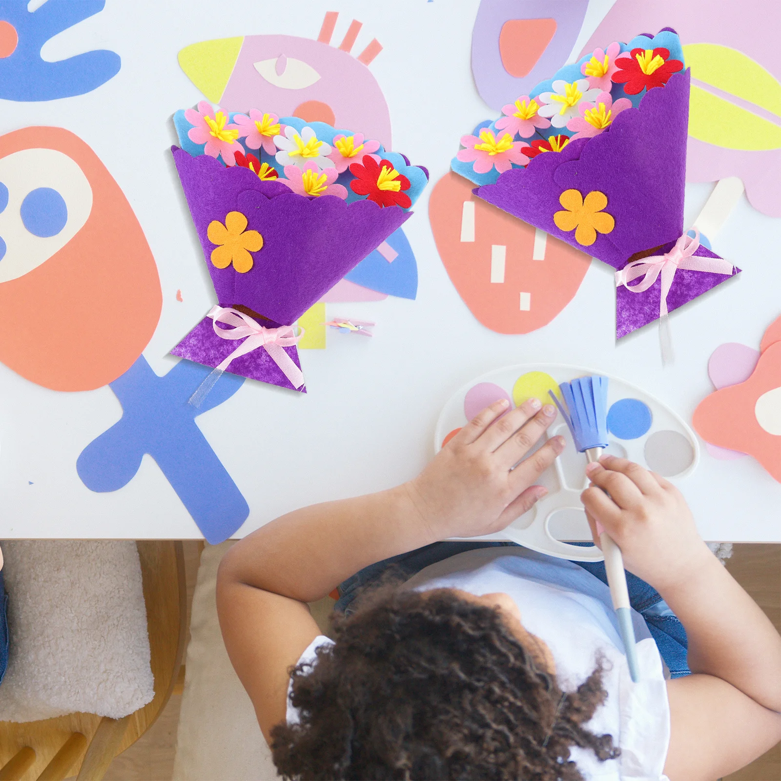 

3pcs Diy Bouquet Material Kit Non-Woven Craft Set For Kids Educational Bright Color Flower Making Package Sensory Development