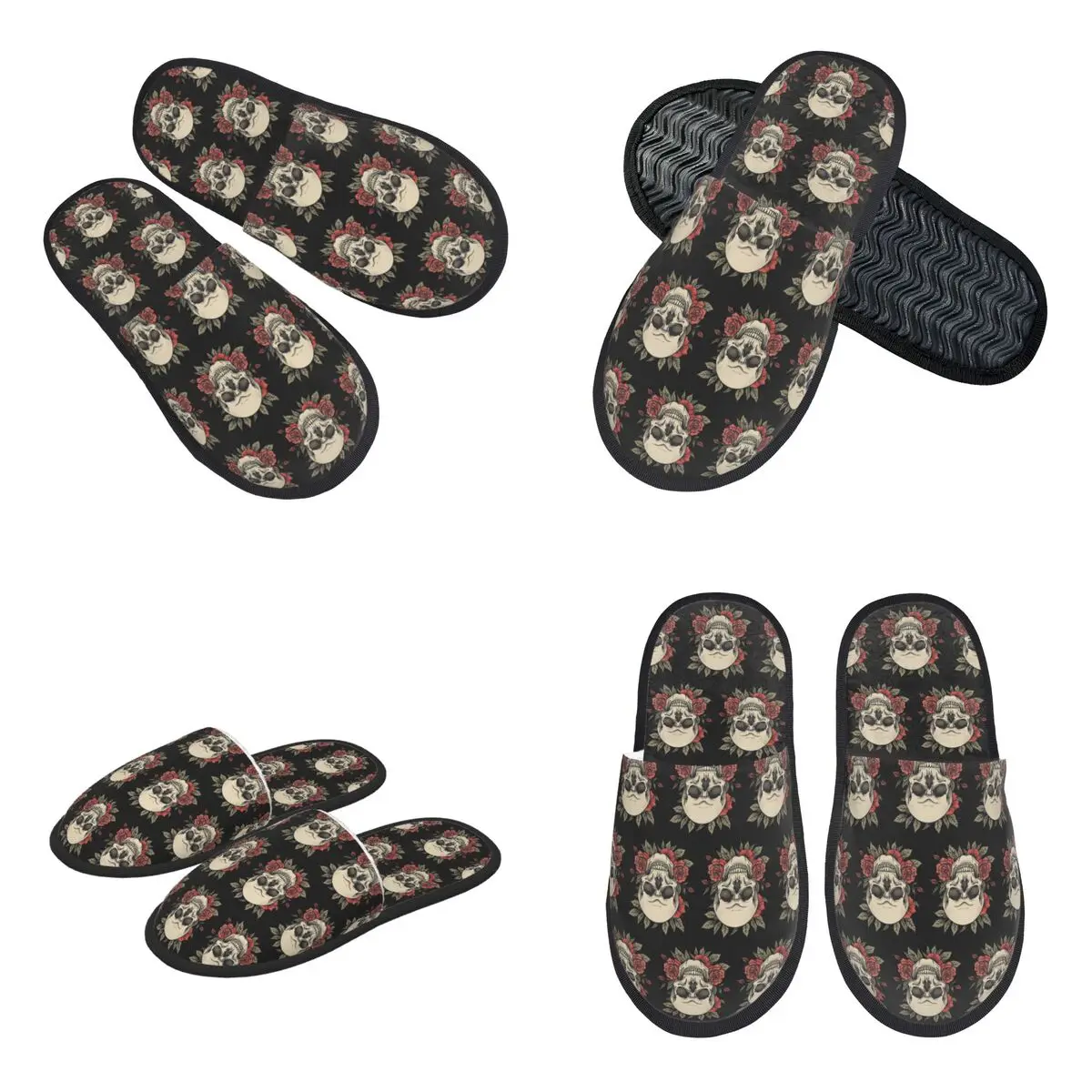Custom Vintage Grunge Gothic Skull Roses Slippers Memory Foam Warm Soft Women House Slipper Bedroom Fluffy Shoes