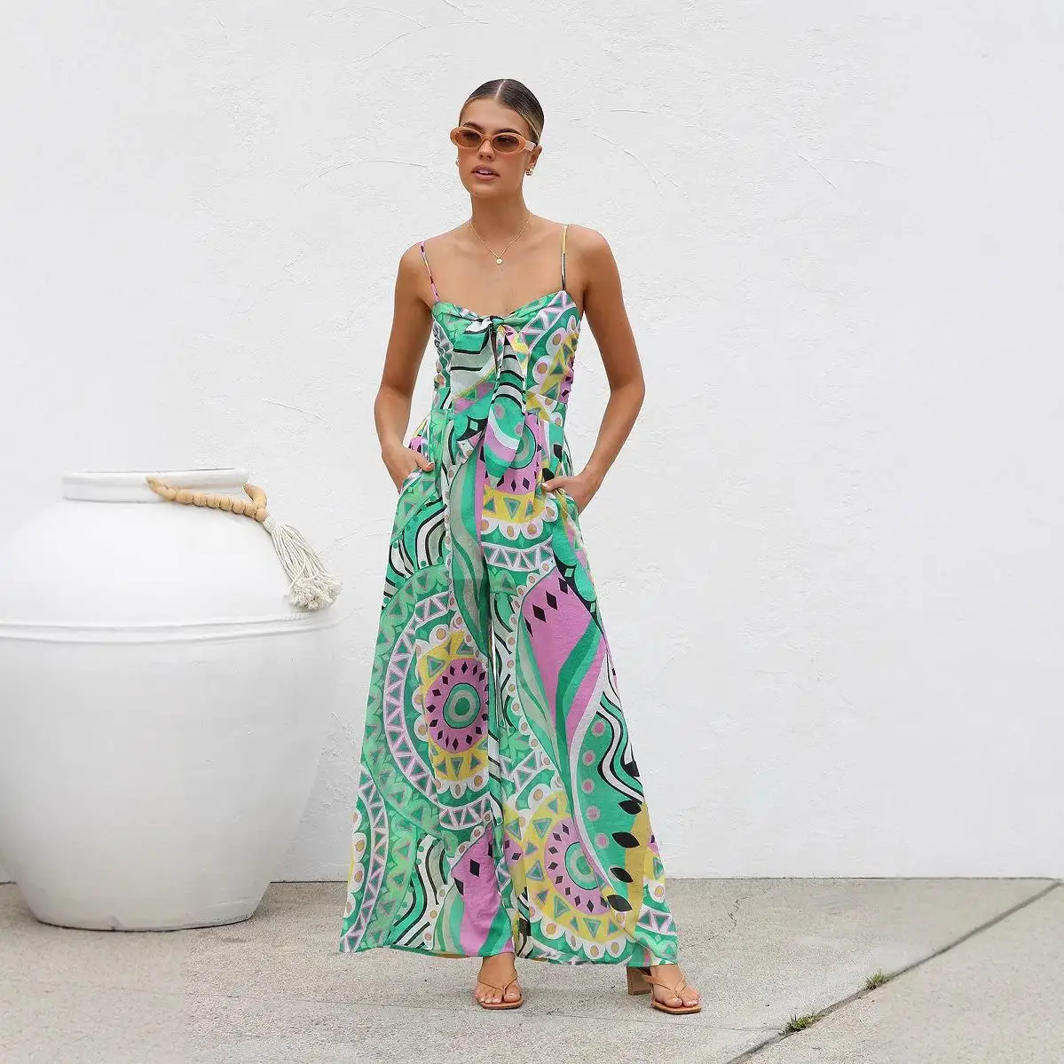 2025 신상 여성 원피스 수트 하이웨이스트 와이드 레그 스트레이트 점프수트 편안한 출퇴근 슬레 롱 팬츠 여름 컬렉션