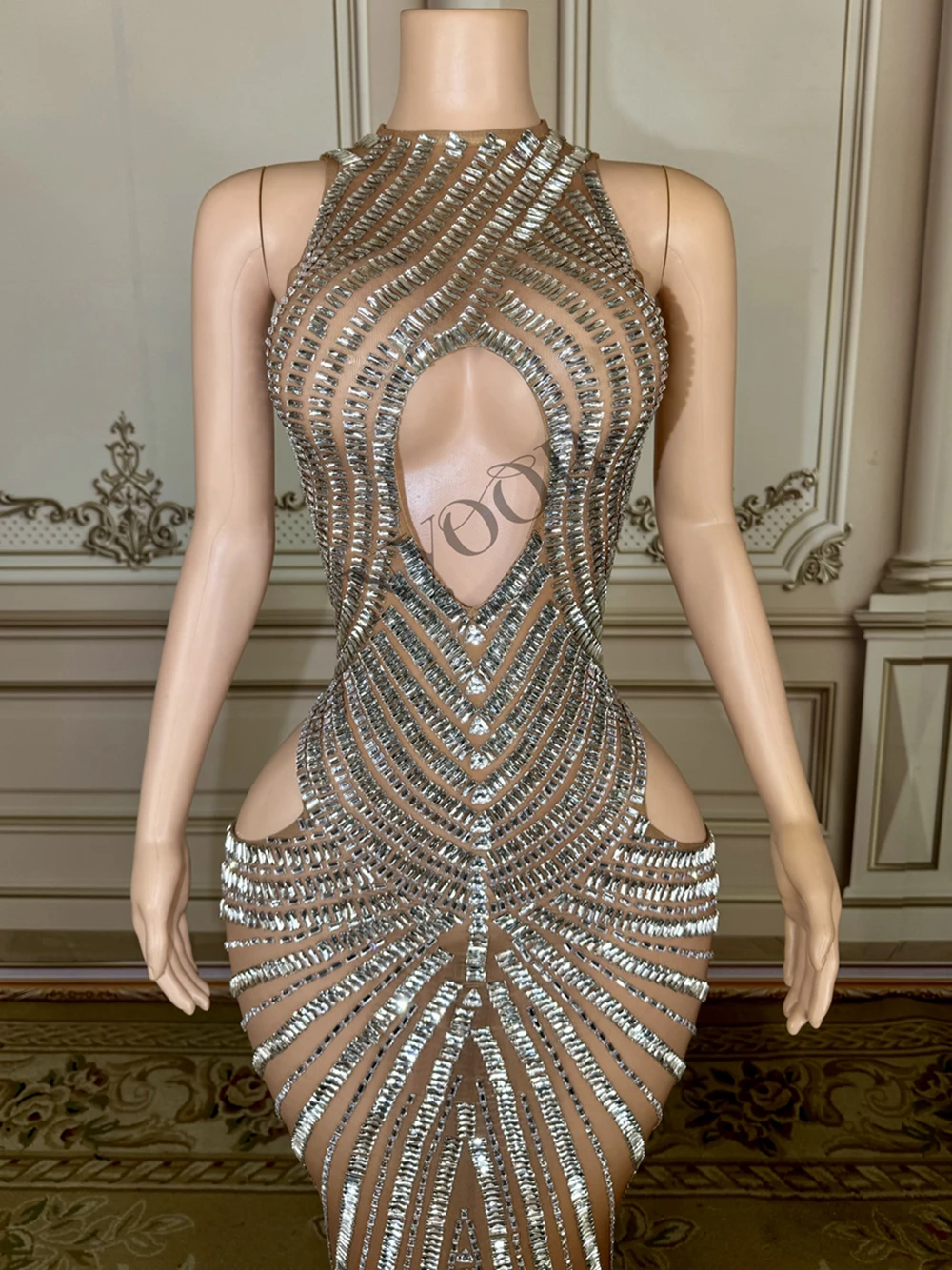 Sparkly Rhinestones Mesh See Through Hollow Long Dress Women Sexy Wedding Birthday Celebrate Evening Prom Dress Photo Shoot Wear