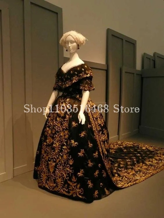 History Victoria Prom Gowns Black Strapless Gold Appliqued A-Line Long Sweet Train Museum Opera Dresses Vestidos De Noite