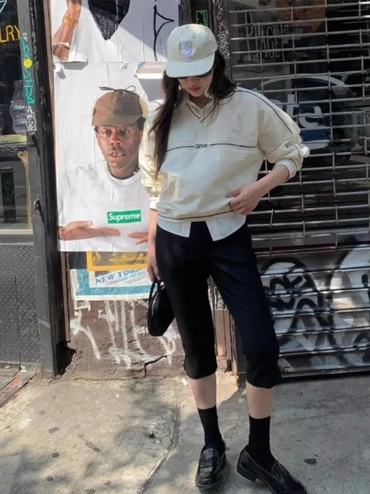 

Loose Spor V-Ne Sweatirt And Pants Set Women's Korean Sle Casual Wear Comfortable Cotton Long Sve Zipper Closure