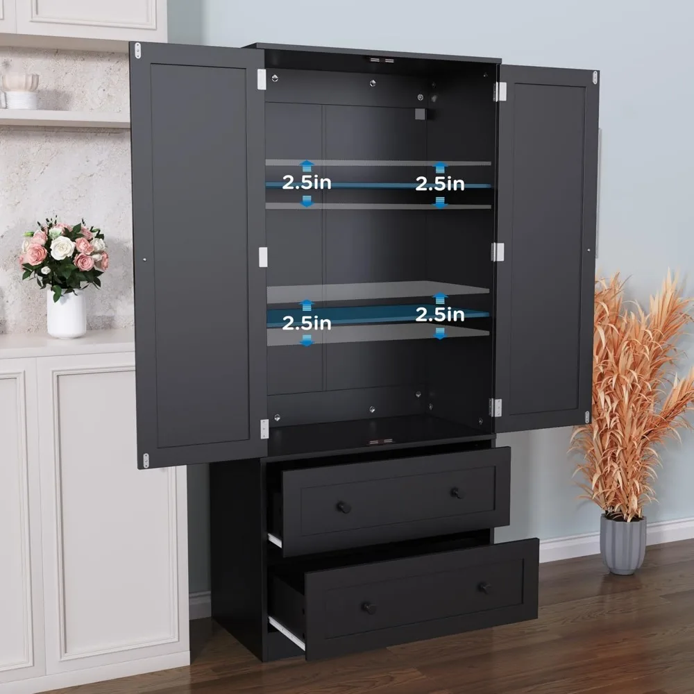 Despensa de cocina negra de 64,2 pulgadas de alto, gabinete de almacenamiento con puertas y cajones, organizador independiente de madera para cocina, comedor