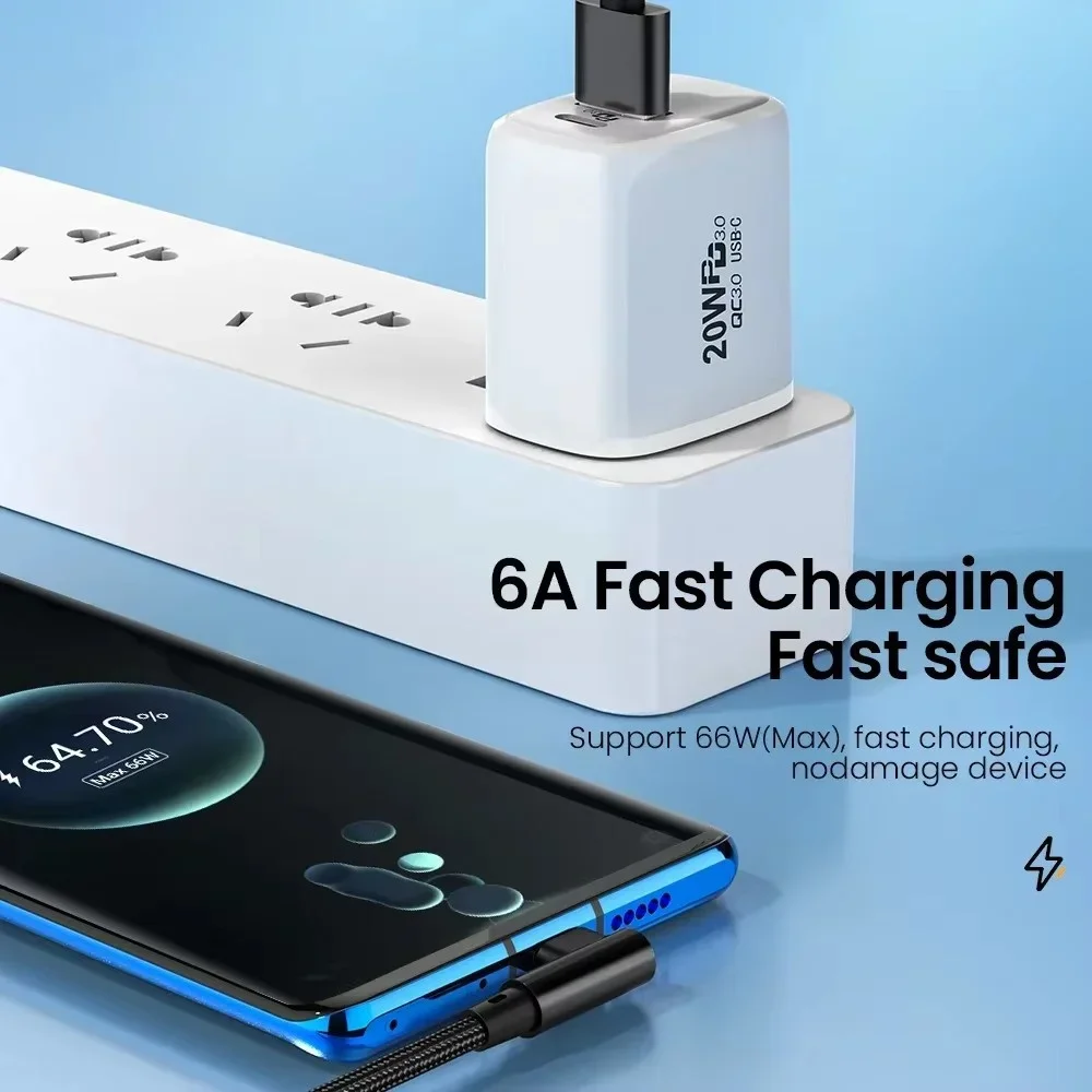 66W USB Type C Cable 90 Degree Elbow Fast Charging Cable for Samsung Xiaomi Huawei OnePlus Android Devices 6A Quick Charge Cord - view 3