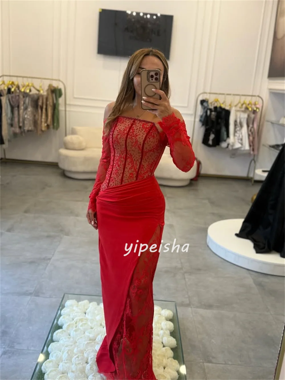 Customized High Quality Intricate Sequined Lace Ruched Column Strapless Long Dresses Bespoke Occasion Dresses Exquisite Elegant