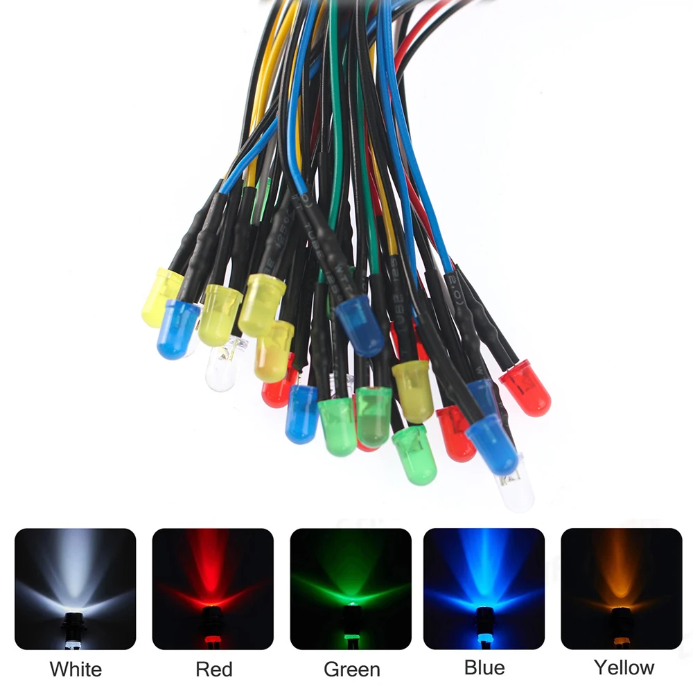 25-50PCS 12V 5 มม.ไฟ LED ไดโอดชุด 20 ซม.Prewired สีแดงสีเขียวสีฟ้าสีขาวสีส้มสีเหลือง Emitting สีไดโอดโคมไฟสําหรับ DIY