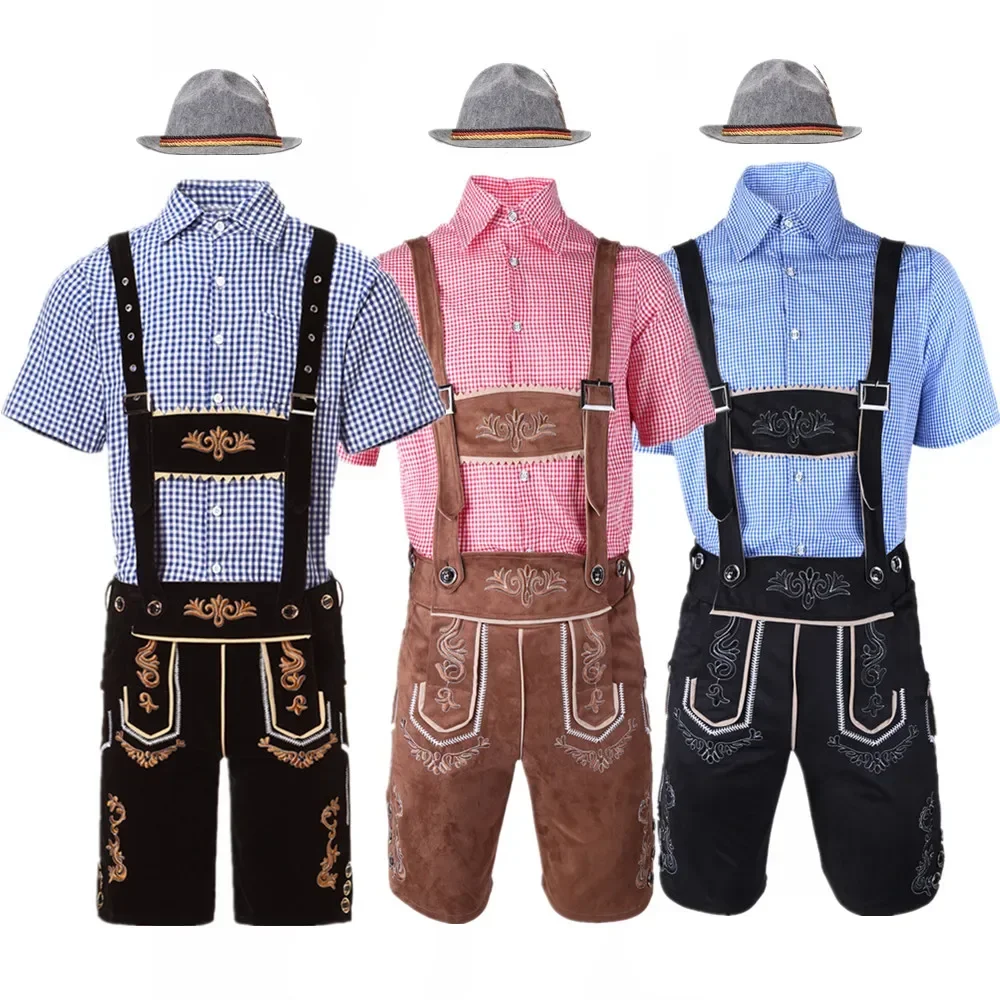 

Male German Oktoberfest Lederhosen Costume Short Sleeve Suspenders Rompers Shirt Hat Bavarian Beer Festival Men Cosplay Outfit