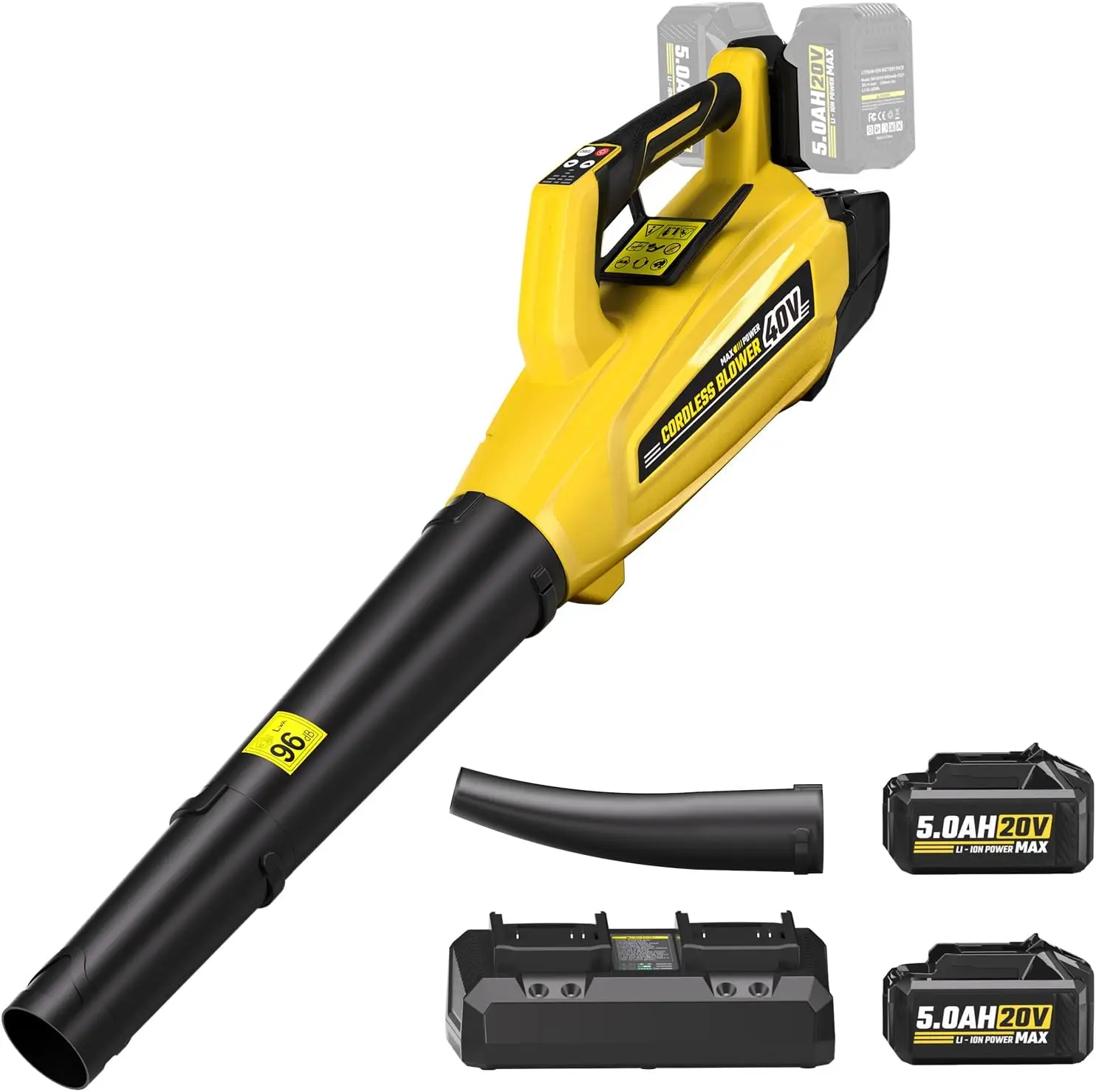 

Аккумуляторная воздуходувка для листьев 40 В с 2 батареями, бесщеточным двигателем, турборежим для ухода за газоном