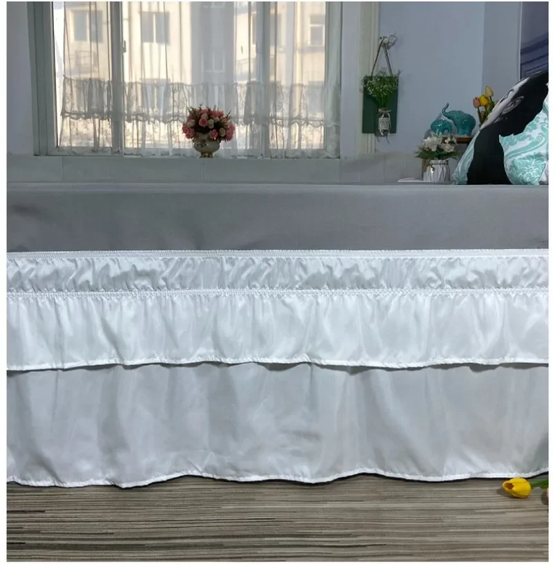 White Double Layers Ruffles Queen Bed Skirts 16 Inch Drop With Sturdy Elastic Wrap Around Easy Install Soft Fabric