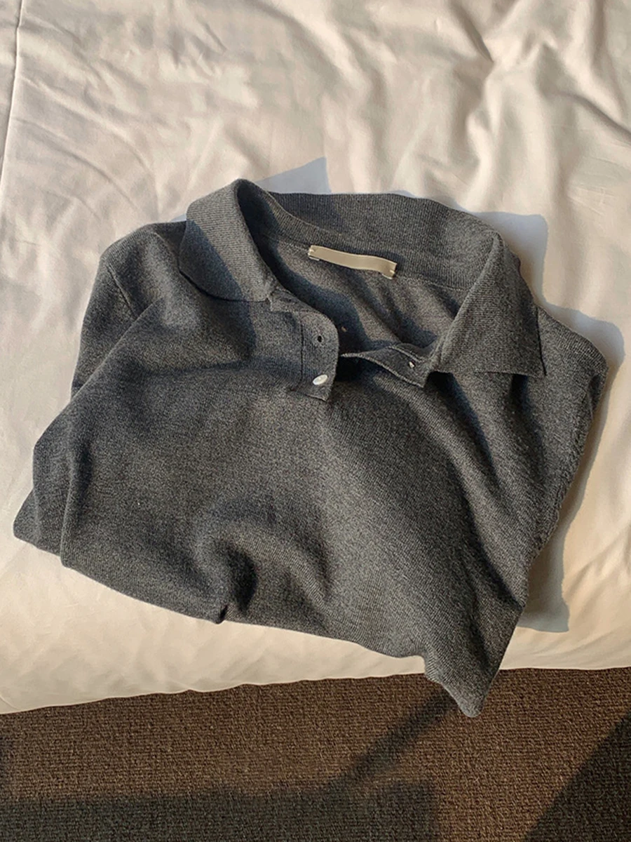 Solid Knit Long Sleeve T-shirt Women 2024 Autumn New Fashion Turndown Collar Tops Tee Shirts Lady Casual Vintage Short Jumpers