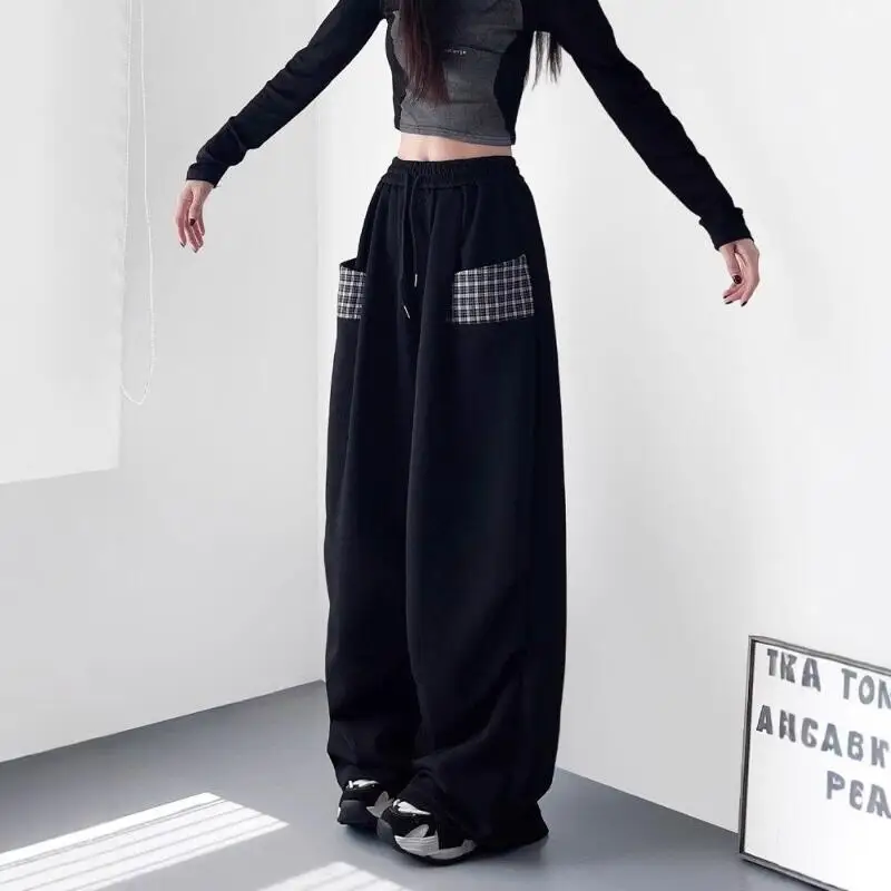 Fashionable Girls' American Checkered Patchwork Pocket Sweatpants Autumn New Women's High Waisted Sports Pant Loose Casual Pant