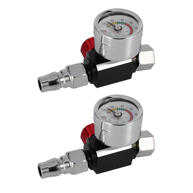 2Pc 1/4 Inch Bsp Mini Air Regulator Valve Tool Durable Small Tail Pressure Gauge 48 X 60Mm With Nozzle For Spray Tool