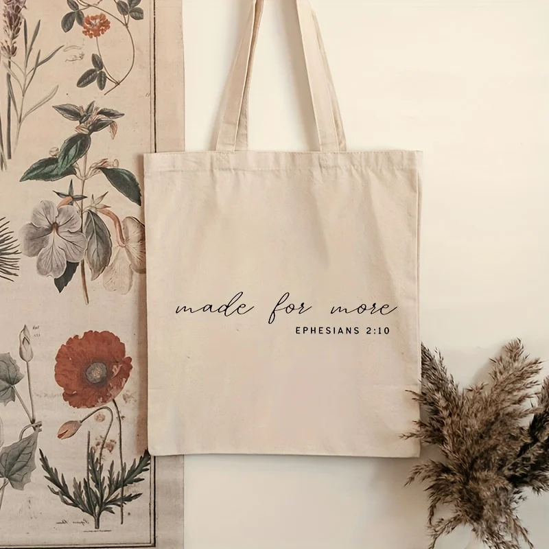 Made For More Christian Pattern Tote Bag, Casual Canvas Shoulder Bag, Portable Grocery Shopping Bag