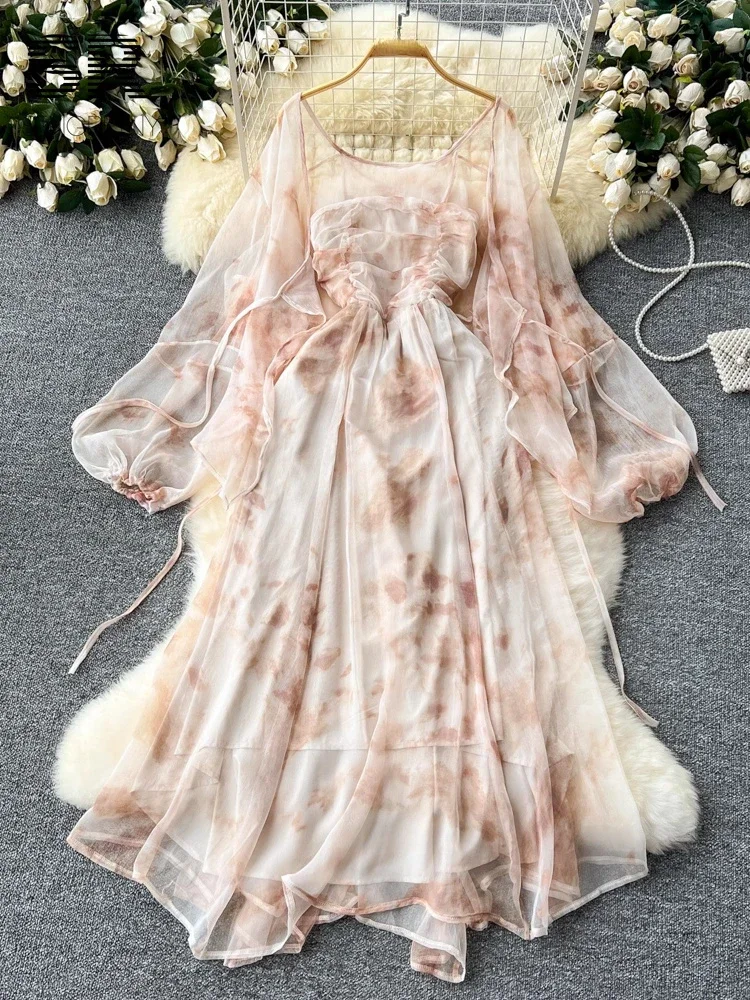 Frence Style Sweet Chiffon Two Piece Set Women Sun-proof Shirt + Design Strapless Dress Summer Vocation Dye Spring Beach Dresses