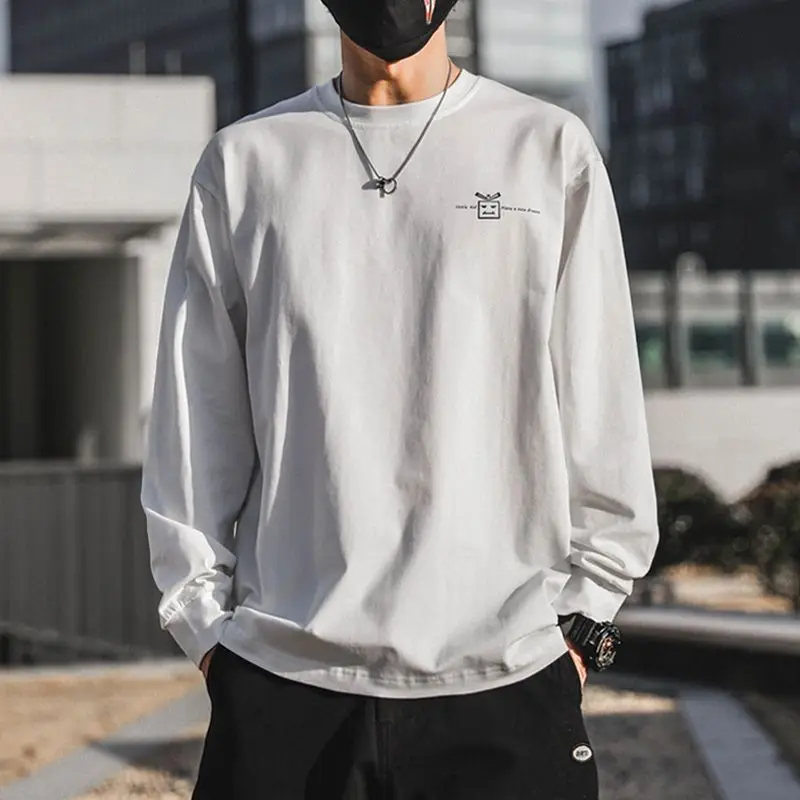 Spring Autumn Men's New Pullover O-Neck Spliced Printed Letter Fashion Solid Color Loose Casual